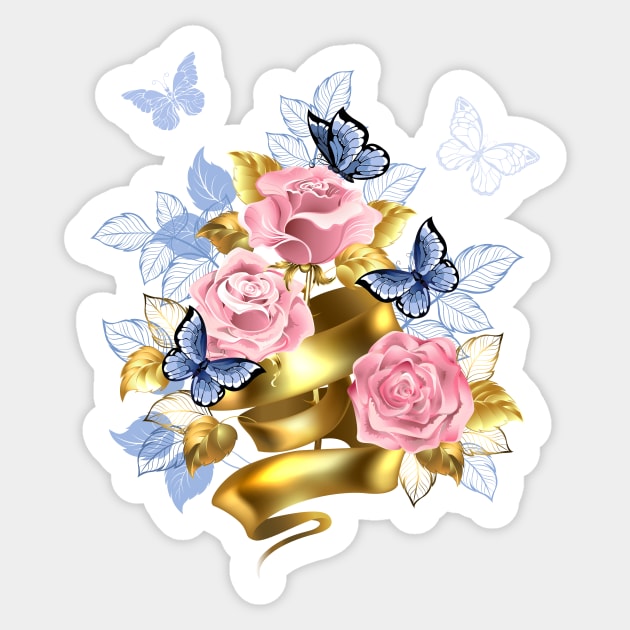 Pink Roses with Gold Ribbon Sticker by Blackmoon9